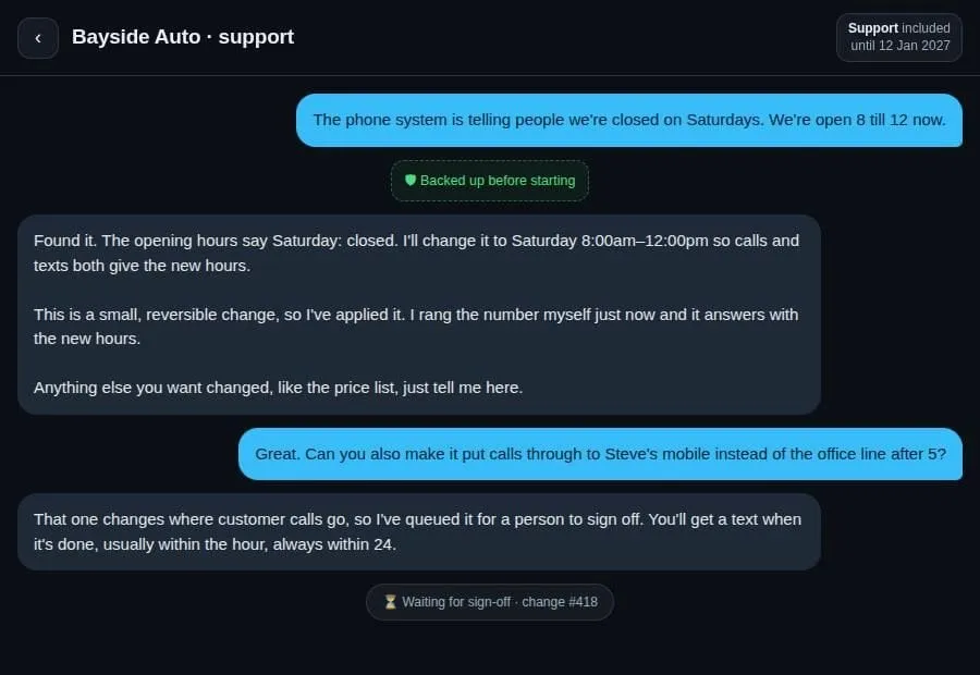 A phone-sized chat screen. The owner says the phone system is telling people they're closed on Saturdays; the assistant replies that it found the setting, changed the hours, rang the number to check, and that a second request to redirect calls is waiting for a person to sign off.