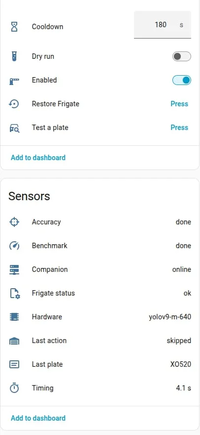 The Plate Gate device page in Home Assistant: Cooldown 180 s, Dry run and Enabled switches, Restore Frigate and Test a plate buttons, and sensors including Last action, Last plate and Timing.