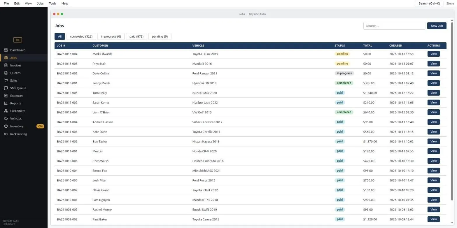 A job board screen: a list of job numbers, customer names, vehicles, a status badge for each (pending, in progress, completed, paid), the total and the date, with a filter row along the top.