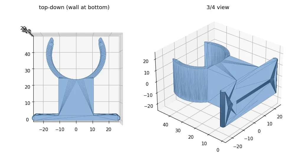 3D render of the SwitchBot Blind Tilt bracket for vertical blinds: a wall plate, an arm, and a C-shaped clip